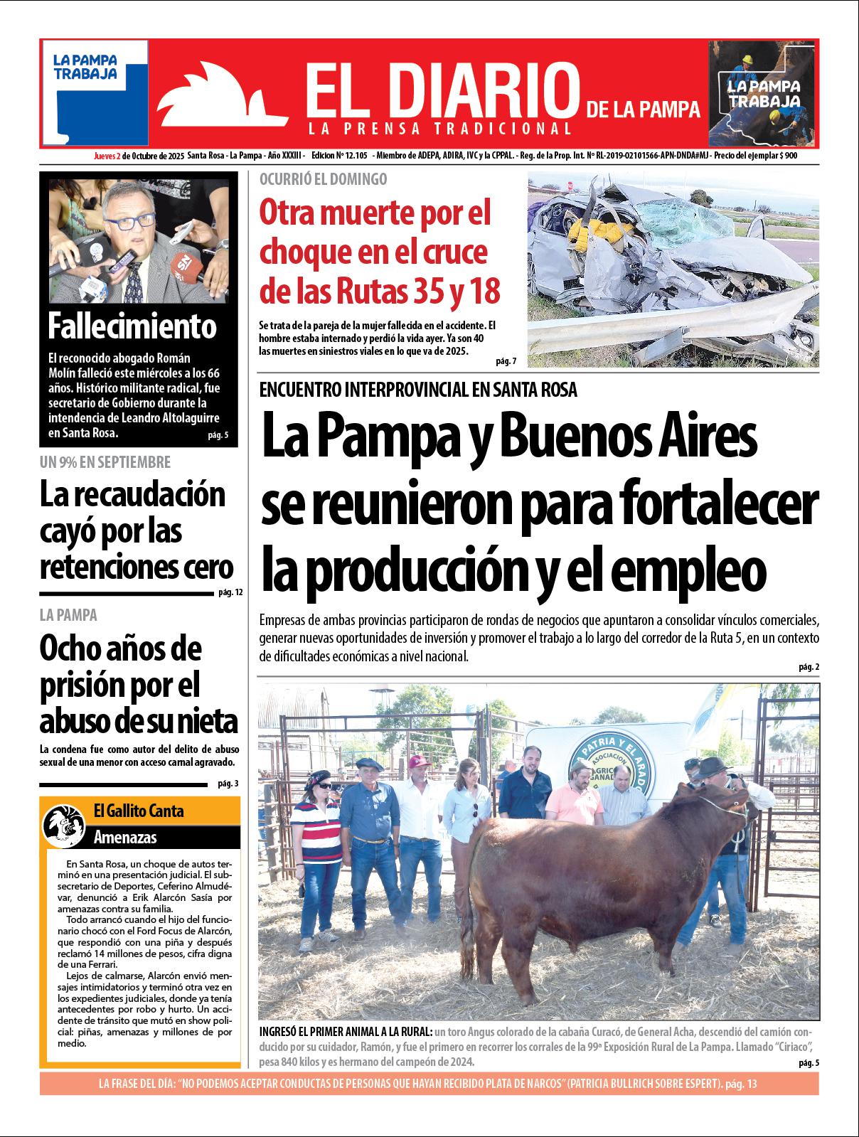 Tapa de El Diario en papel  jueves 02 de octubre de 2025